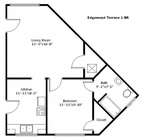 Floor plan for 1 bed, 1 bath, 562 sqft
